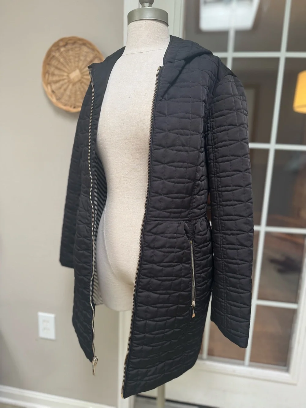 Kate Spade Black Quilted Hooded Puffer Coat Striped Lining Small